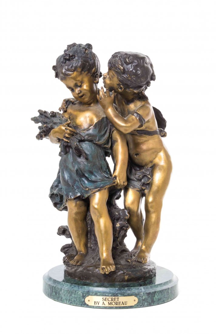 A Continental Patinated Metal Figure, after Auguste: A Continental Patinated Metal Figure, after Auguste Moreau, modeled as a boy whispering into a girl's ear, raised on a naturalistic base incised "Aug. Moreau." Height 17 1/2 inches. Property from the