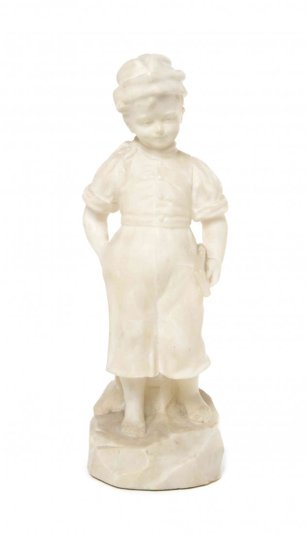 A Continental Marble Figure, Height 14 1/2 inches.: A Continental Marble Figure, modeled as a school child holding a book, standing on a naturalistic base. Height 14 1/2 inches. Property from the Collection of Mr. Bernie Marshfield, Lincolnwood, Illino