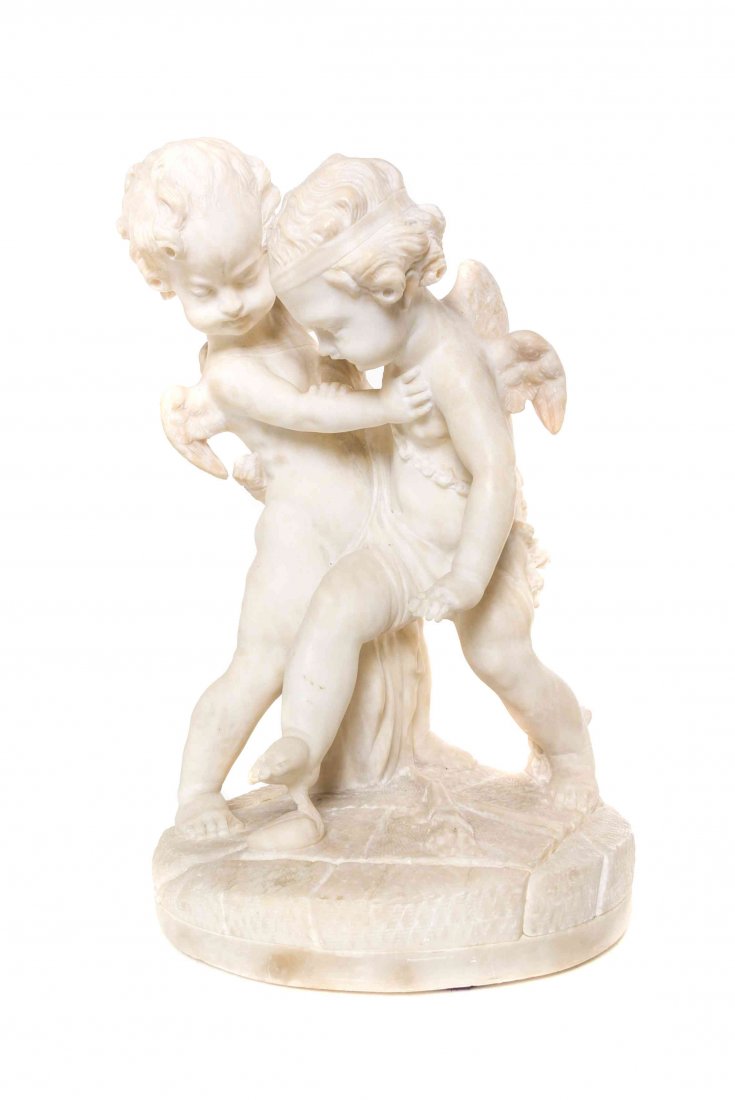 An Italian Alabaster Figural Group, Fausto Biggie,: An Italian Alabaster Figural Group, Fausto Biggie, depicting Amorini, with two putti stomping on a heart. Height 18 inches.