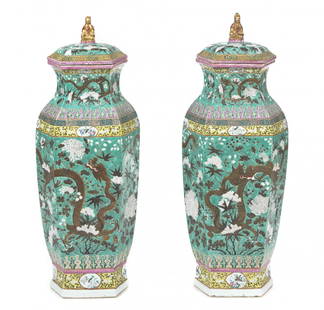 A Pair of Chinese Export Porcelain Covered Urns, Height: A Pair of Chinese Export Porcelain Covered Urns, with famille verte decoration and faceted bodies. Height 38 inches.