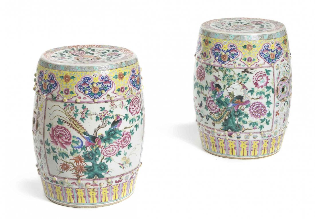 A Pair of Chinese Export Porcelain Garden Seats, Height: A Pair of Chinese Export Porcelain Garden Seats, each of barrel form with famille jaune decoration. Height 18 3/4 inches.