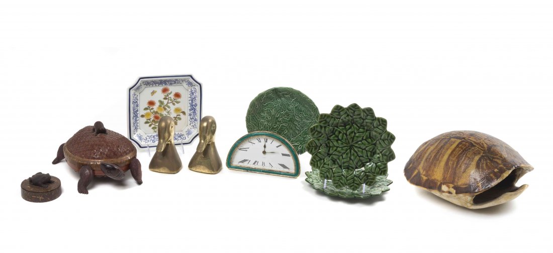 A Collection of Decorative Articles, Length of longest: A Collection of Decorative Articles, comprising a pair of brass bookends, a tortoise shell, a tortoise-form box, a faux malachite table clock and others; 10 items total. Length of longest 13 3/4 inche