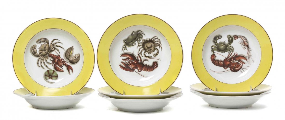 A Set of Eight Mottahedeh Bowls, Diameter 8 5/8 inches.: A Set of Eight Mottahedeh Bowls, decorated with various crustaceans within yellow borders. Diameter 8 5/8 inches.