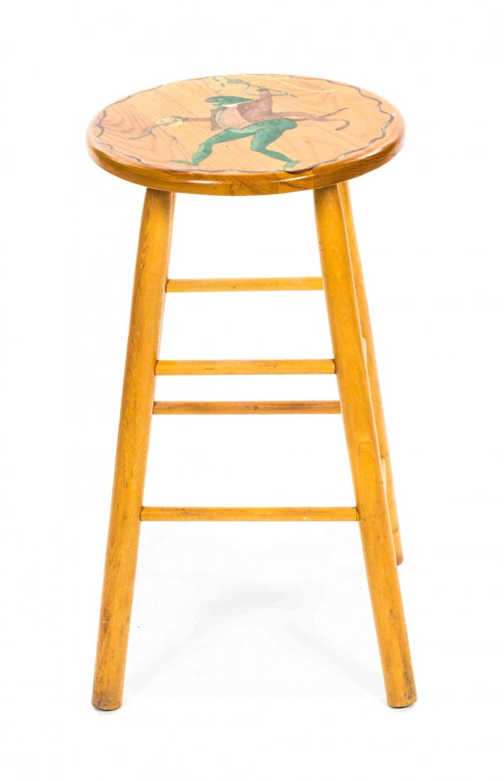 A Painted Wood Stool, Height 37 1/4 inches.: A Painted Wood Stool, the circular seat depicting a dancing frog. Height 37 1/4 inches.
