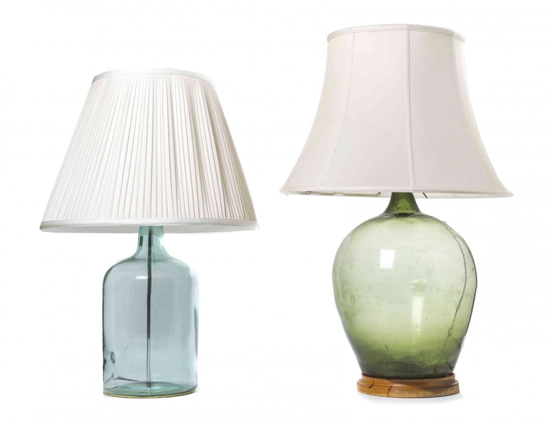 A Blown Glass Wine Jug, Height 15 1/2 inches.: A Blown Glass Wine Jug, in green glass, mounted as a lamp. Height 15 1/2 inches.