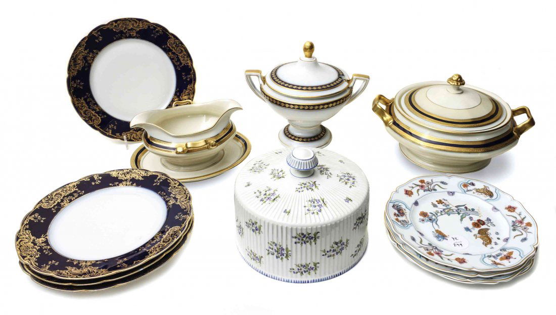 A Collection of French Porcelain Table Articles,: A Collection of French Porcelain Table Articles, comprising fourteen JP Limoges plates with cobalt and gilt borders, twenty-four Haviland Limoges Plates, the pattern Golden Quail, together with two co