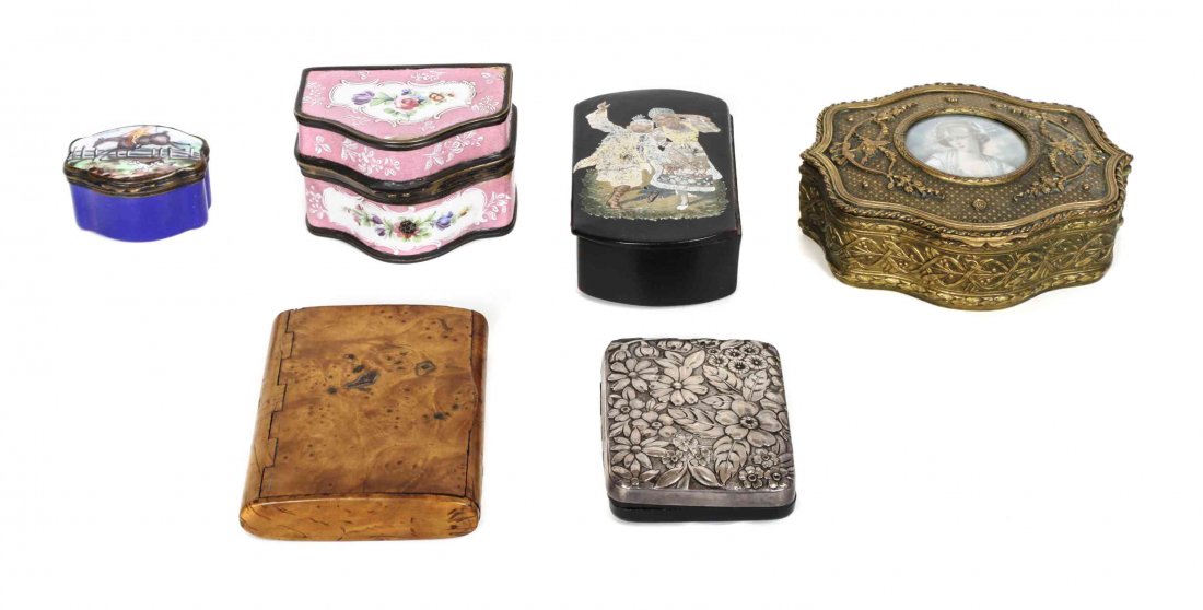 A Group of Assembled Boxes, Dimensions of largest: A Group of Assembled Boxes, comprising an American gilt metal box with central portrait miniature medallion, an English pill box, a continental box, a burlwood carved box, a Gorham silver sewing kit, 