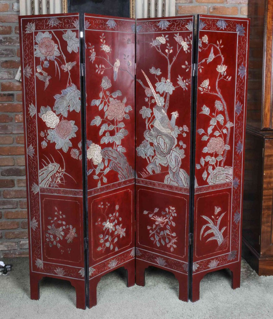 A Chinese Coromandel Four-Panel Floor Screen, Height 63: A Chinese Coromandel Four-Panel Floor Screen, worked to show figures within a courtyard setting. Height 63 3/4 inches.