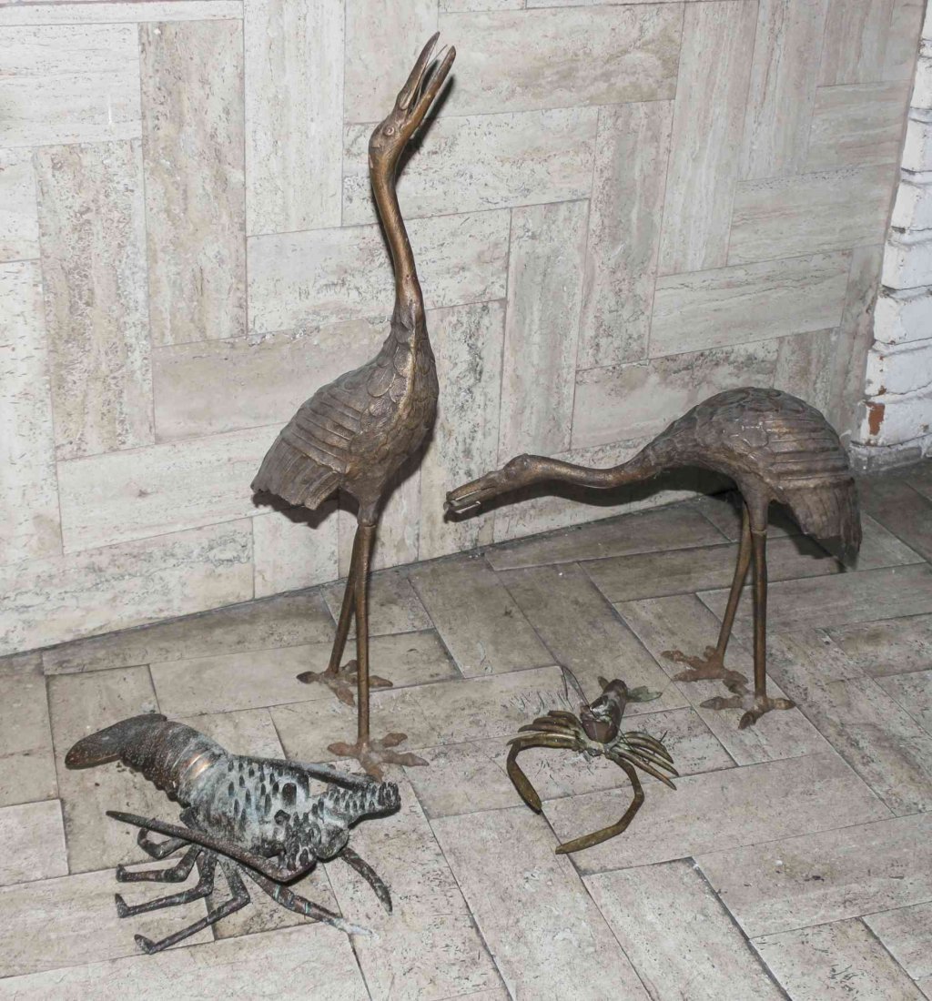 A Pair of Japanese Bronze Figures of Cranes, Height of: A Pair of Japanese Bronze Figures of Cranes, one with raised head, the other lowered, together with two Japanese models of crayfish. Height of tallest 25 inches.