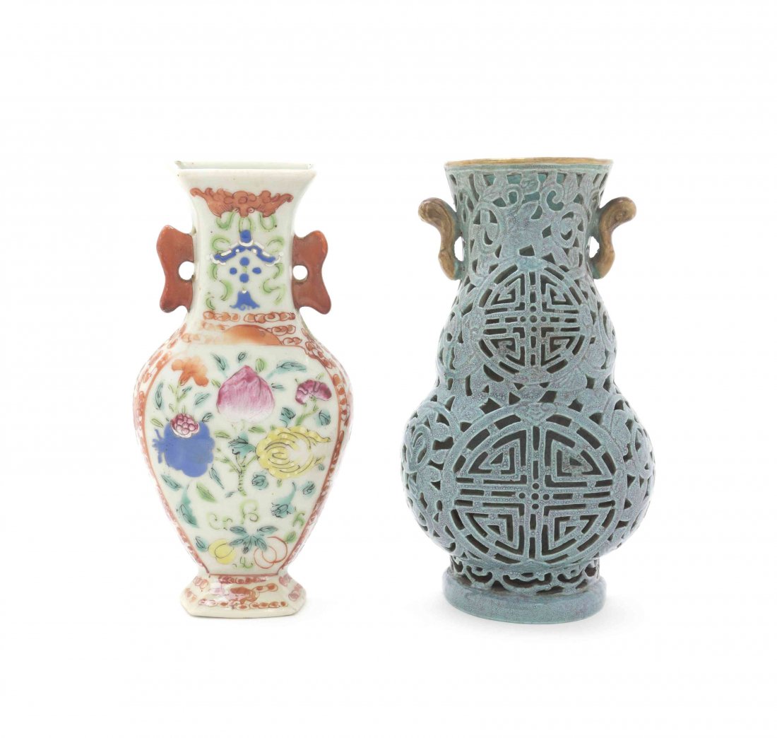 Two Chinese Porcelain Wall Pocket Vases, Height of: Two Chinese Porcelain Wall Pocket Vases, the first having fencai decoration with the three abundances motif, the second having robin's egg blue glaze with pierced shou character decoration. Height of 