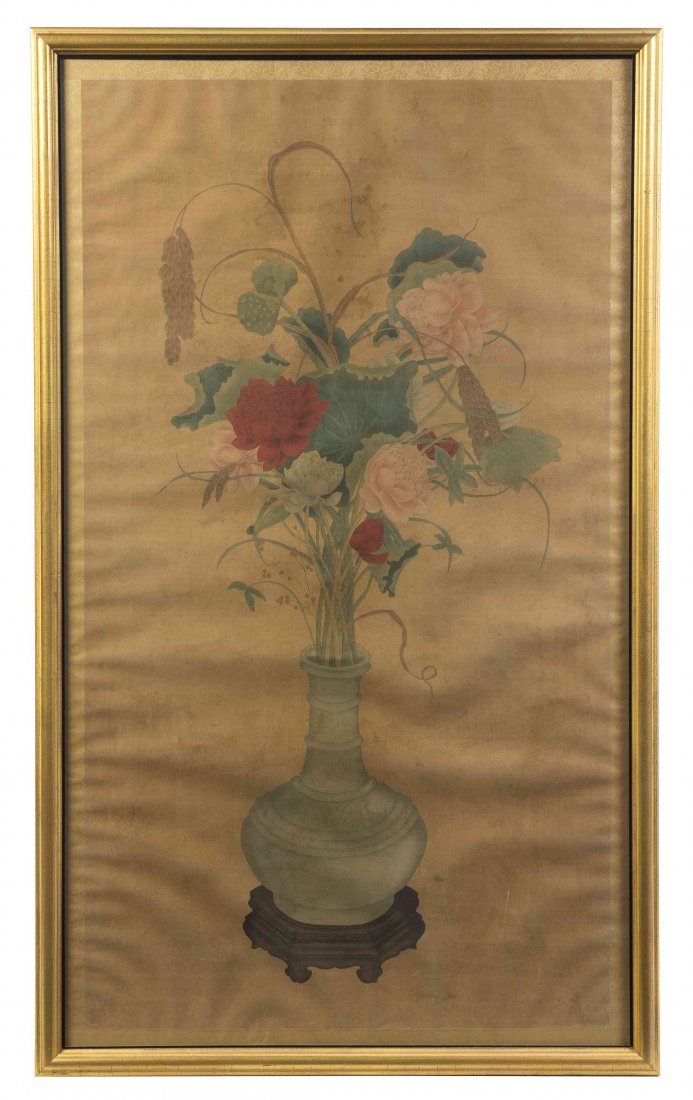 A Chinese Ink and Color on Silk Painting, Height 59 1/2: A Chinese Ink and Color on Silk Painting, Qing Dynasty, depicting a bottle vase holding blossoming flowers and raised on a circular wood stand, bearing a seal to the lower left, framed. Height 59 1/2 