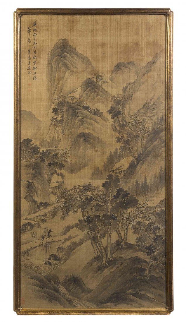 A Chinese Scroll Painting, Attributed to Wang Yuanqi: A Chinese Scroll Painting, Attributed to Wang Yuanqi (1642-1715), ink on silk, depicting two figures crossing a bridge in a mountainous landscape with trees, dated Kangxi Guiyi year (1713), Winter, te