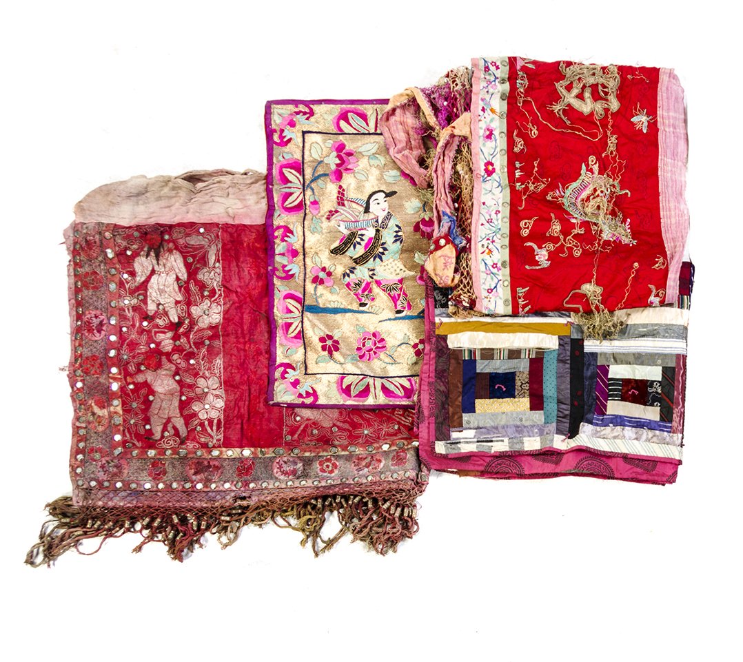 A Group of Chinese Textiles, Height of first 44 1/2: A Group of Chinese Textiles, comprising nine altar frontals and banners including a Guangxu period altar frontal depicting a temple lion and phoenix, with metallic wrapped threads, with eight other ex