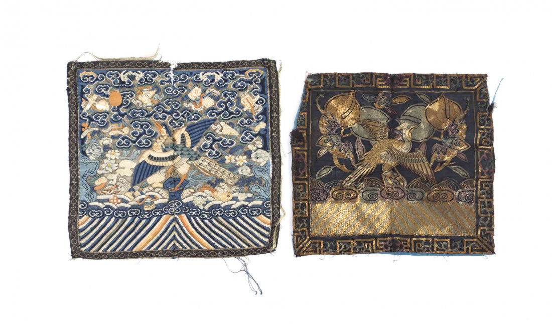 Two Chinese Embroidered Rank Badges, Width of wider 11: Two Chinese Embroidered Rank Badges, the first a kesi panel with a golden pheasant, denoting a second rank civil official, the second embroidered with a golden pheasant, peaches and bats. Width of wid