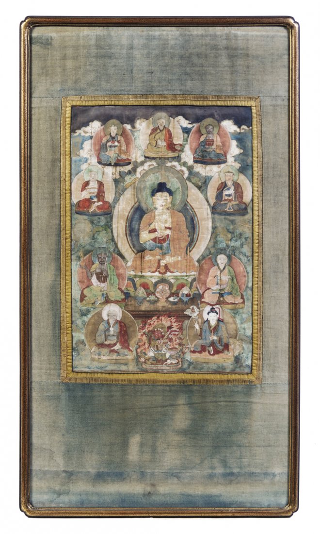 A Tibetan Thangka, Height 26 x width 17 3/4 inches.: A Tibetan Thangka, depicting a central Buddha figure seated before an altar table with offerings laid out, surrounded by nine luohan, each bearing an attribute and most having green circular halos, th