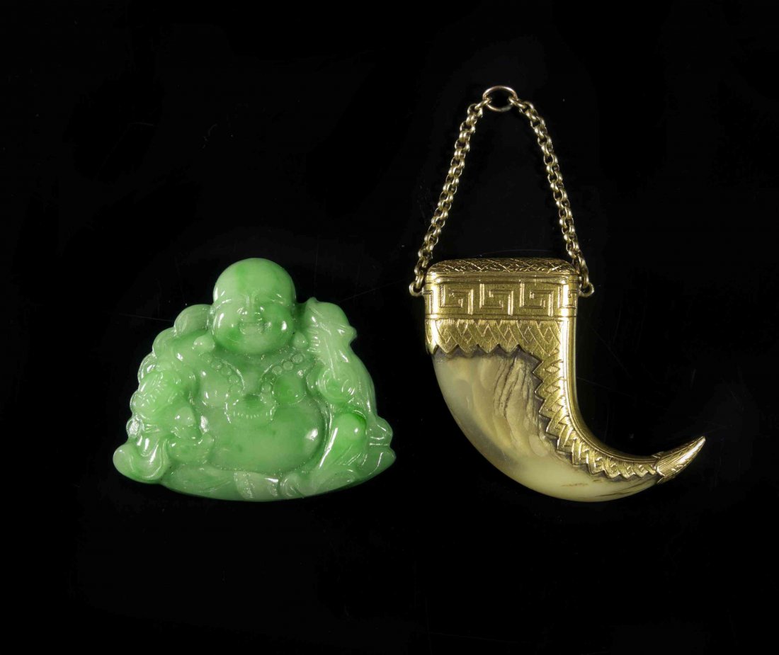 A Carved Jade Toggle, Width of first 1 5/8 inches.: A Carved Jade Toggle, depicting a seated Buddha with coins and ruyi scepter, together with a horn snuff box, having metal mounts, with Greek key and foliate patterns and openwork chain. Width of first