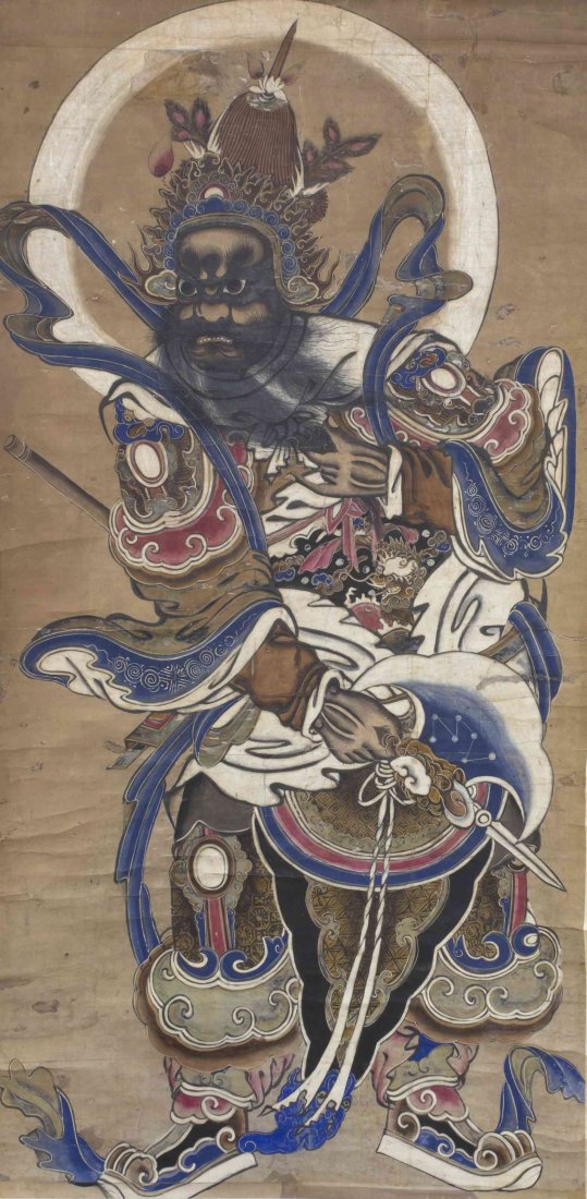 A Pair of Chinese Ink and Color Paintings on Paper,: A Pair of Chinese Ink and Color Paintings on Paper, Anonymous depicting two Buddhist guardian deities in opposing stances. Height 62 3/4 x width 31 1/4 inches. Property from a Private Collection, Boca