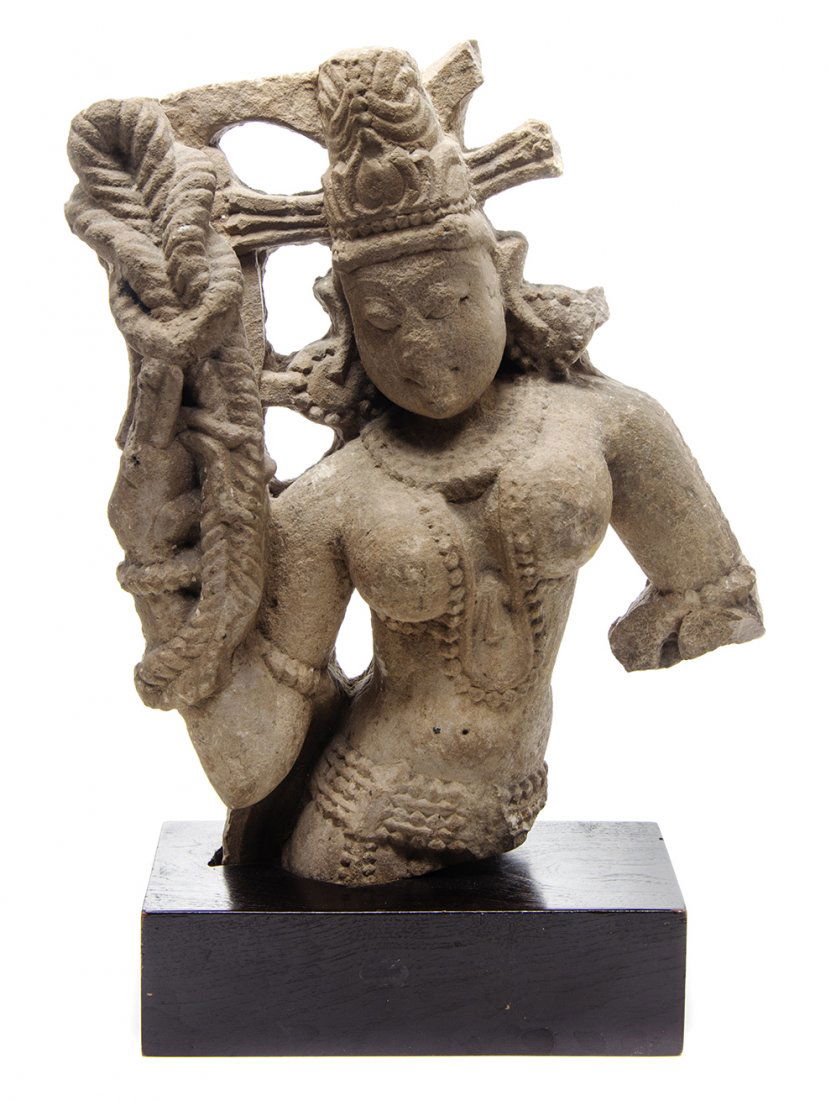 An Indian Sandstone Fragment, Height 11 3/8 inches.: An Indian Sandstone Fragment, likely depicting Tara, raised on a plinth base. Height 11 3/8 inches. Property from the Estate of Mary Blain Mead, Grosse Pointe, Michigan