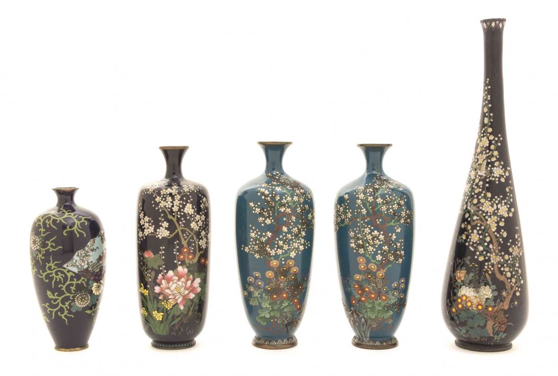 Five Japanese Cloisonne Enamel Vases, Height of tallest: Five Japanese Cloisonne Enamel Vases, the first of a tapering ovoid form, another of elongated tapering ovoid form and three of baluster form, each with floral decoration and unsigned. Height of talle