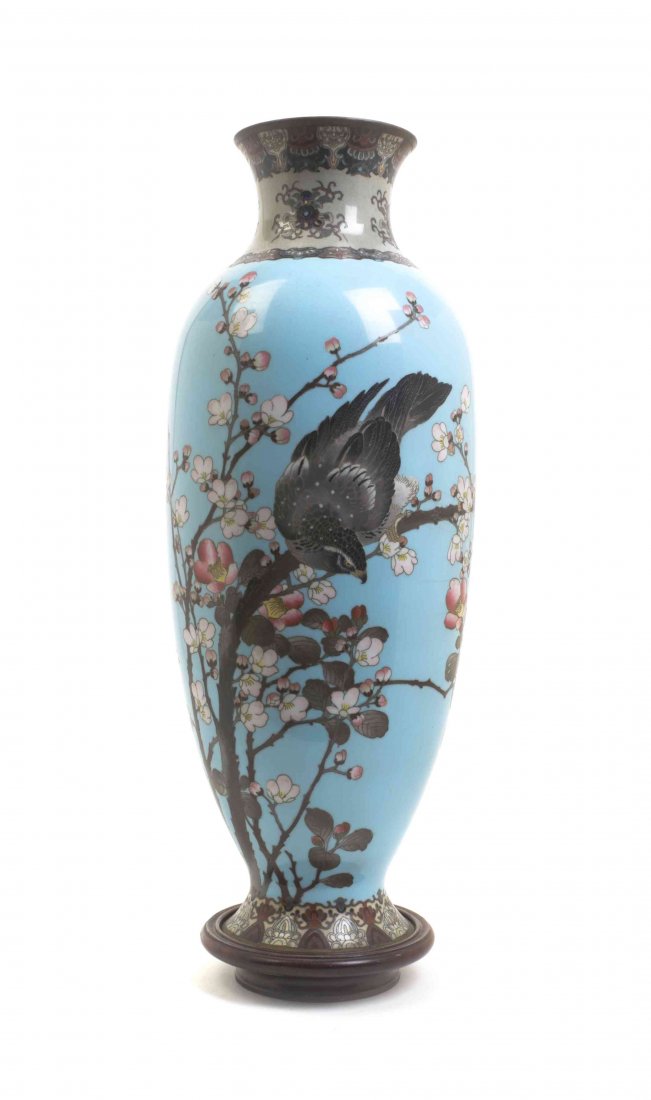 A Japanese Cloisonne Enamel Vase, Height 18 inches.: A Japanese Cloisonne Enamel Vase, with bird and flowering branches decoration. Height 18 inches. Property from the Private Collection of Gary Tipler, Madison, Wisconsin