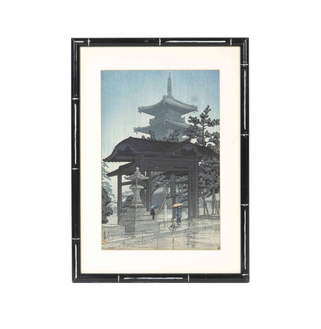Two Japanese Woodblock Prints, Kawase Hasui: Two Japanese Woodblock Prints, Kawase Hasui (1883-1957), Raining at Zentsu-Ji Temple and Spring Rain at Ryoshi-machi, each framed. Height visible 13 7/8 x width 9 1/8 inches.
