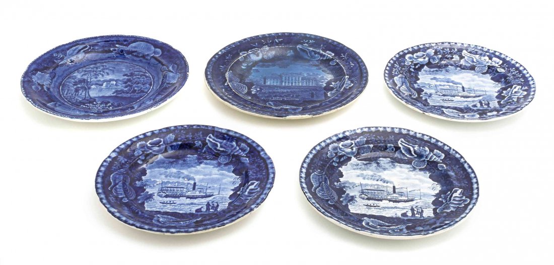Five Historical Blue Staffordshire Plates, Enoch Wood &: Five Historical Blue Staffordshire Plates, Enoch Wood & Sons, comprising the steamship Union Line, two of the steamship Marshall Troy, Gilpin's Mills on the Brandywine Creek, and Marine Hospital Louis