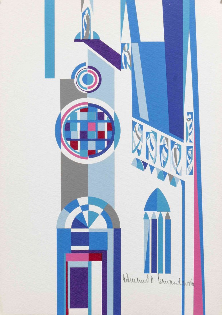 Edmund D. Lewandowski, (Wisconsin, 1914-1998), Four: Edmund D. Lewandowski (Wisconsin, 1914-1998) Four Churches - Island Mykonos, 1961 and Church Windows (two works) offset lithograph each signed Edmund Lewandowski Each: 8 1/2 x 11 inche