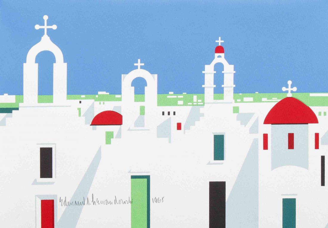 Edmund Lewandowski, (Wisconsin, 1914-1998), Four: Edmund Lewandowski (Wisconsin, 1914-1998) Four Churches, Mykonos, 1965 offset lithograph signed Edmund A. Lewandowski and dated (lower center) 8 1/2 x 12 inches.