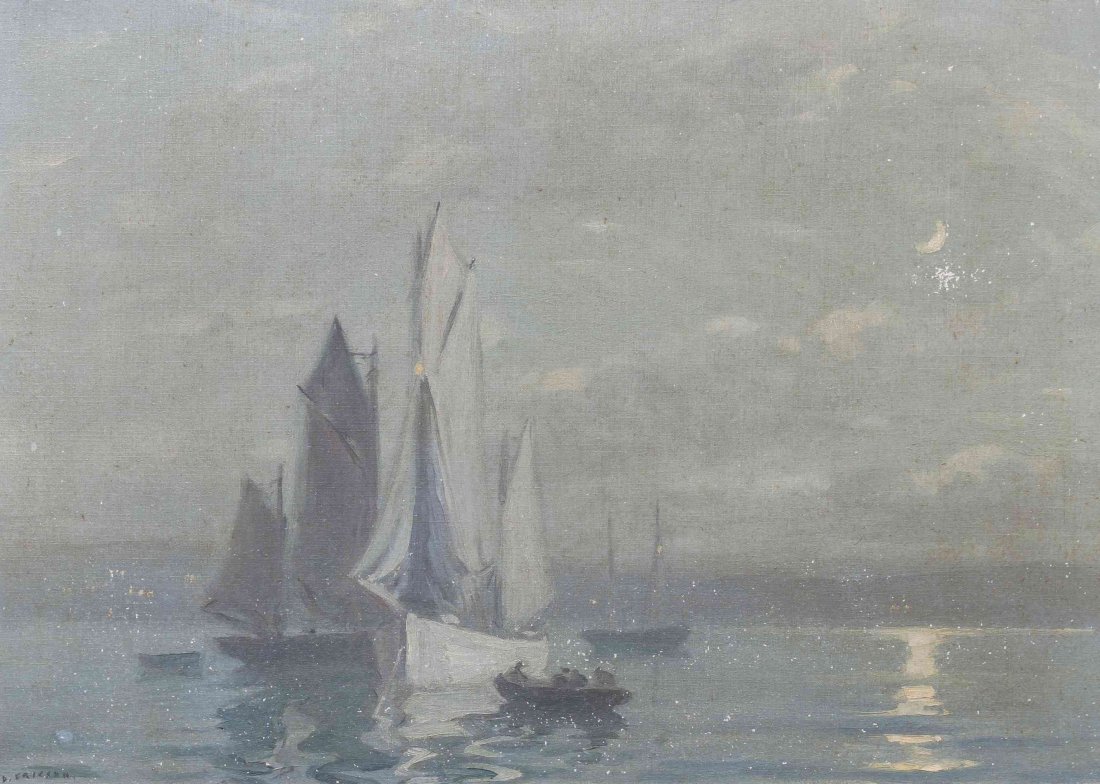 David Ericson, (American, 1869/70 - 1946), Twilight: David Ericson (American, 1869/70 - 1946) Twilight Sails oil on canvas signed D. Ericson (lower left) 16 x 22 inches.