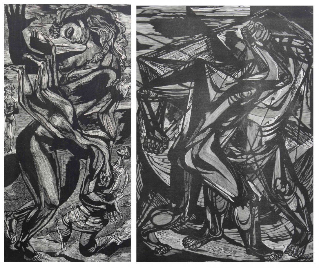 Misch Kohn, (American, 1916-2002), Struggle and: Misch Kohn (American, 1916-2002) Struggle and Fantasy, 1949 (two works) woodcut each editioned, signed Misch Kohn, titled and dated (lower right) Larger: 23 1/4 x 16 inches.