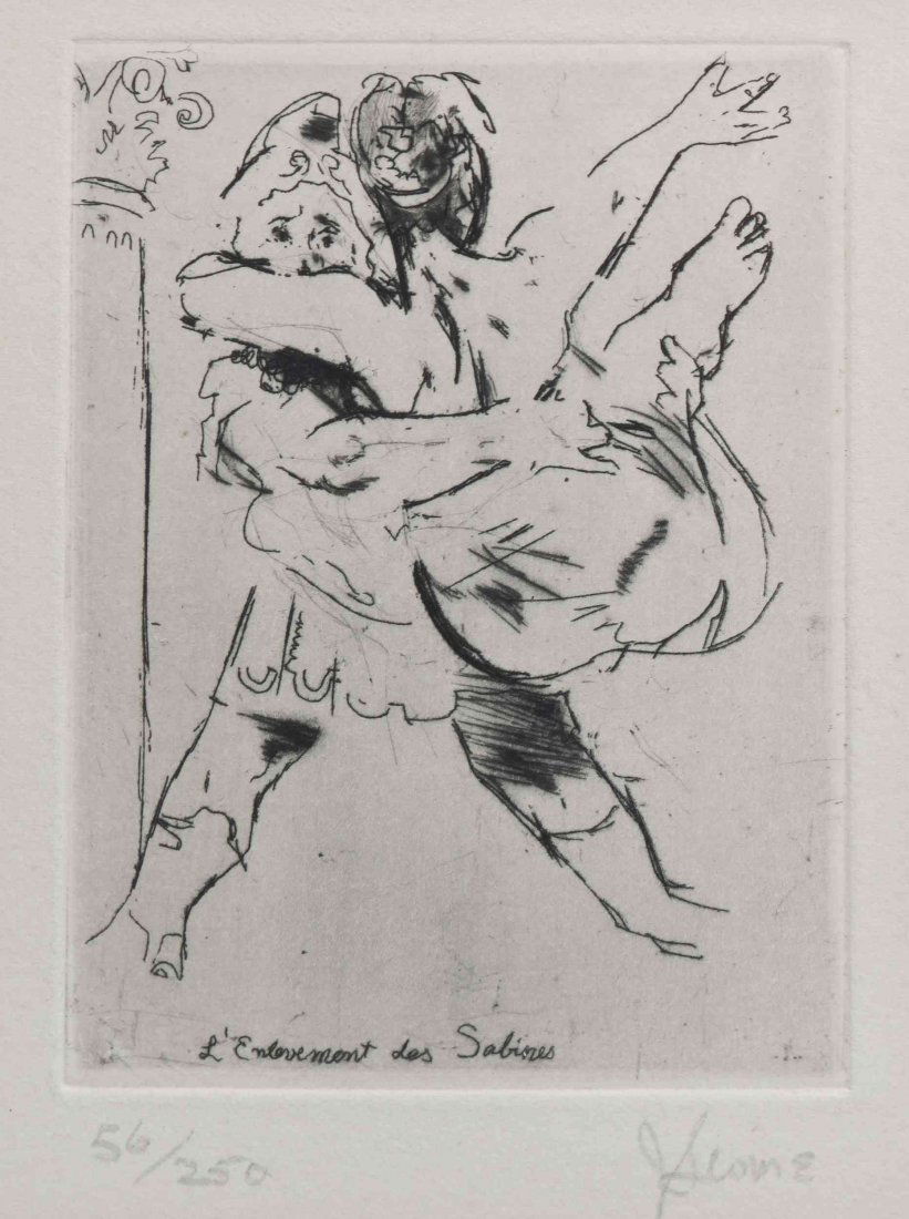 Jack Levine, (American, b. 1915), L'enlovement des: Jack Levine (American, b. 1915) L'enlovement des Sabines etching edition 56/250, signed J. Levine (lower right) 3 7/8 x 3 inches.