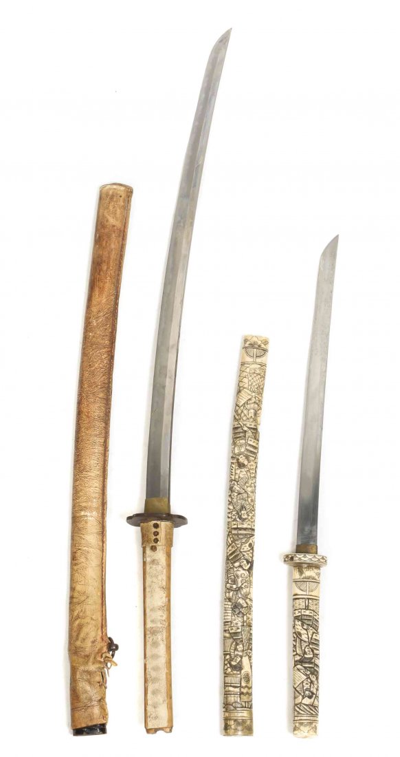 A Sword with Carved Scabbard and Handle, Length of: A Sword with Carved Scabbard and Handle, the blade contained in a carved bone case, together with another example. Length of longest 37 1/4 inches. Property from the Collection of Dennis Hafemann, Bro