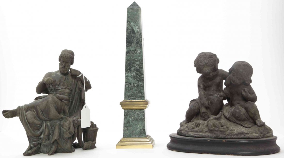 Two Neoclassical Style Figural Groups, Height of: Two Neoclassical Style Figural Groups, together with a marble obelisk. Height of tallest 15 inches. Property from the Collection of Wasco and Mayme Rogula, Chicago, Illinois