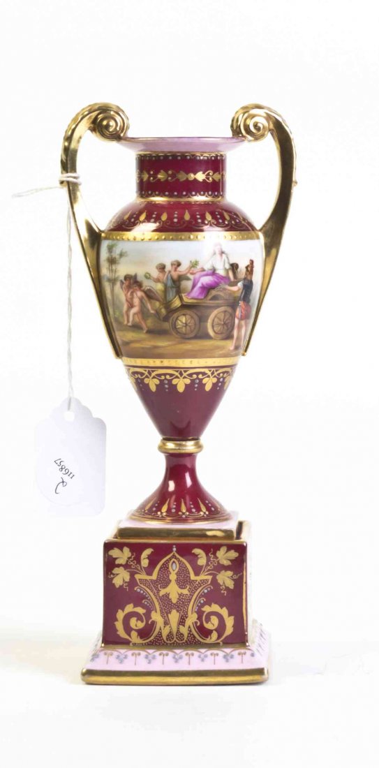 A Royal Vienna Porcelain Urn, Height 8 1/4 inches.: A Royal Vienna Porcelain Urn, of handled baluster form, having shield mark in underglaze blue. Height 8 1/4 inches. Property from the Collection of Thomas D. and Joyce J. Allen, Chicago, Illinois