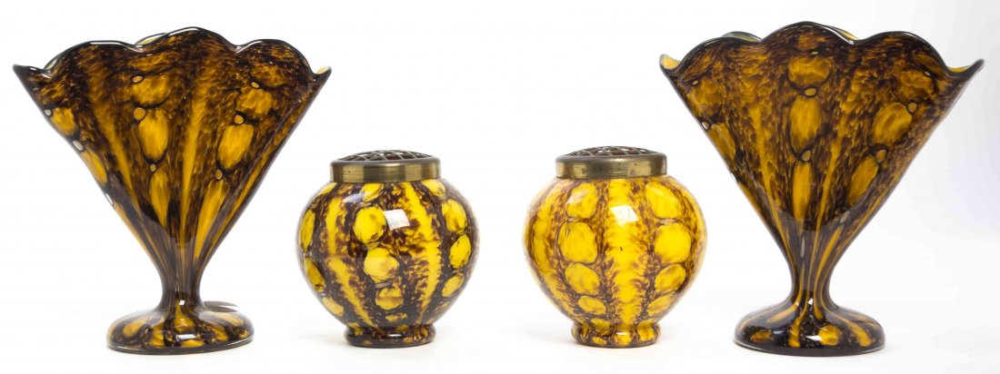 A Continental Glass Garniture, Height of first pair 7: A Continental Glass Garniture, comprising a pair of trumpet vases and a pair of ovoid vases with metal flower frog mounts. Height of first pair 7 1/2 inches.