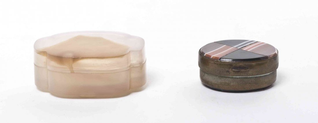 Two Agate Pill Boxes, Width of first 2 inches.: Two Agate Pill Boxes, the first of rectangular form with notched corners, the other of oval form with hinged lid. Width of first 2 inches. Property from the Estate of Eleanor Stein Rusnak, Highland Pa