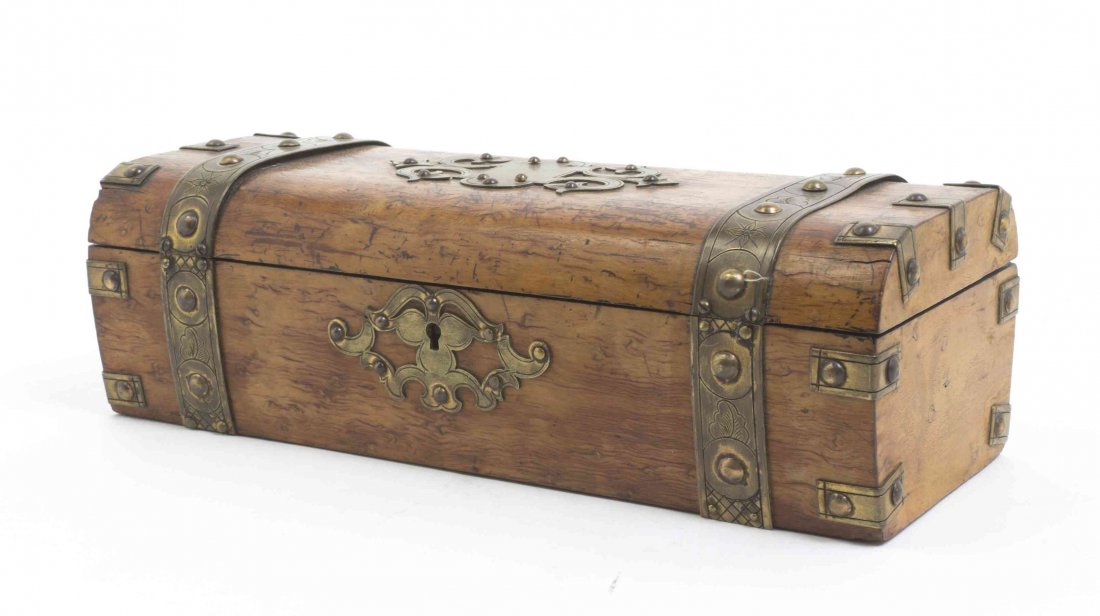 An English Brass Banded Burlwood Box, Width 10 1/2: An English Brass Banded Burlwood Box, having a rectangular hinged lid. Width 10 1/2 inches. Property from the Estate of Norman and Dorothy Holmes, Wilmette, Illinois