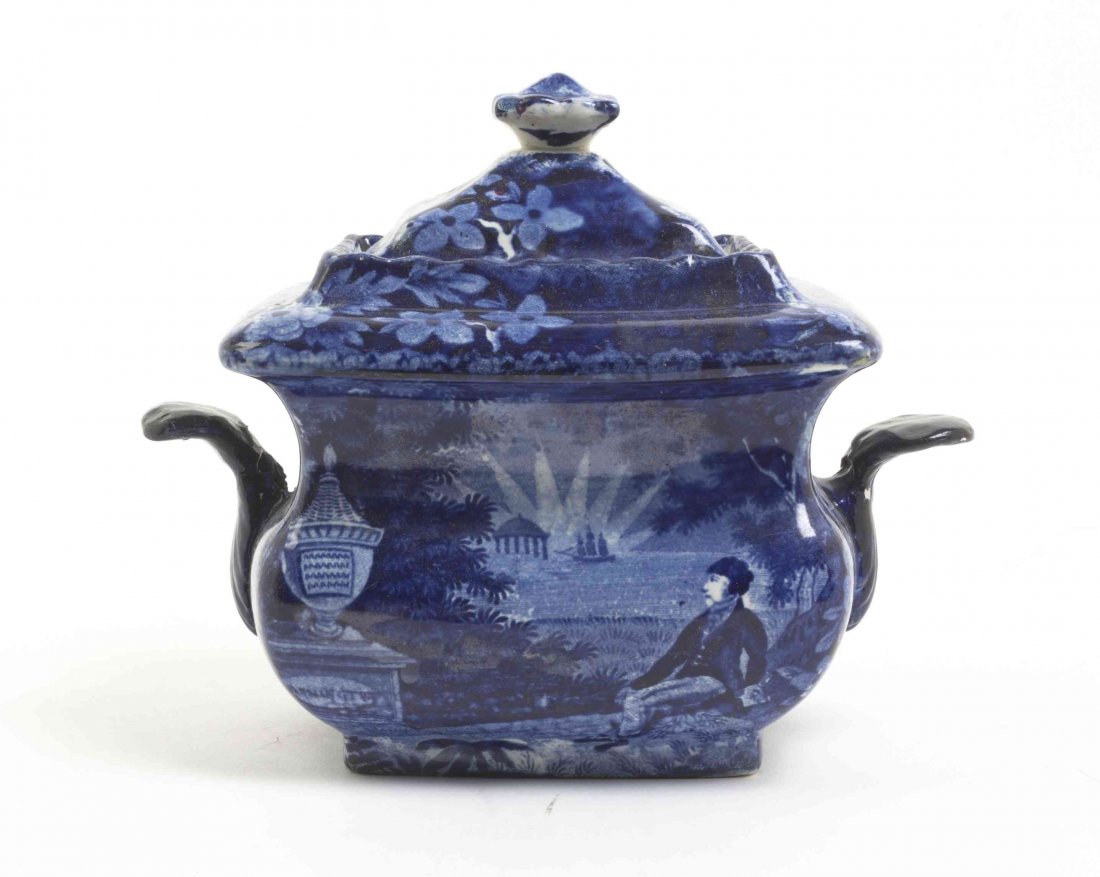 An English Covered Sugar, Width 7 1/2 inches.: An English Covered Sugar, of square handled form, decorated with Washington's tomb. Width 7 1/2 inches. Property from the Estate of Norman and Dorothy Holmes, Wilmette, Illinois