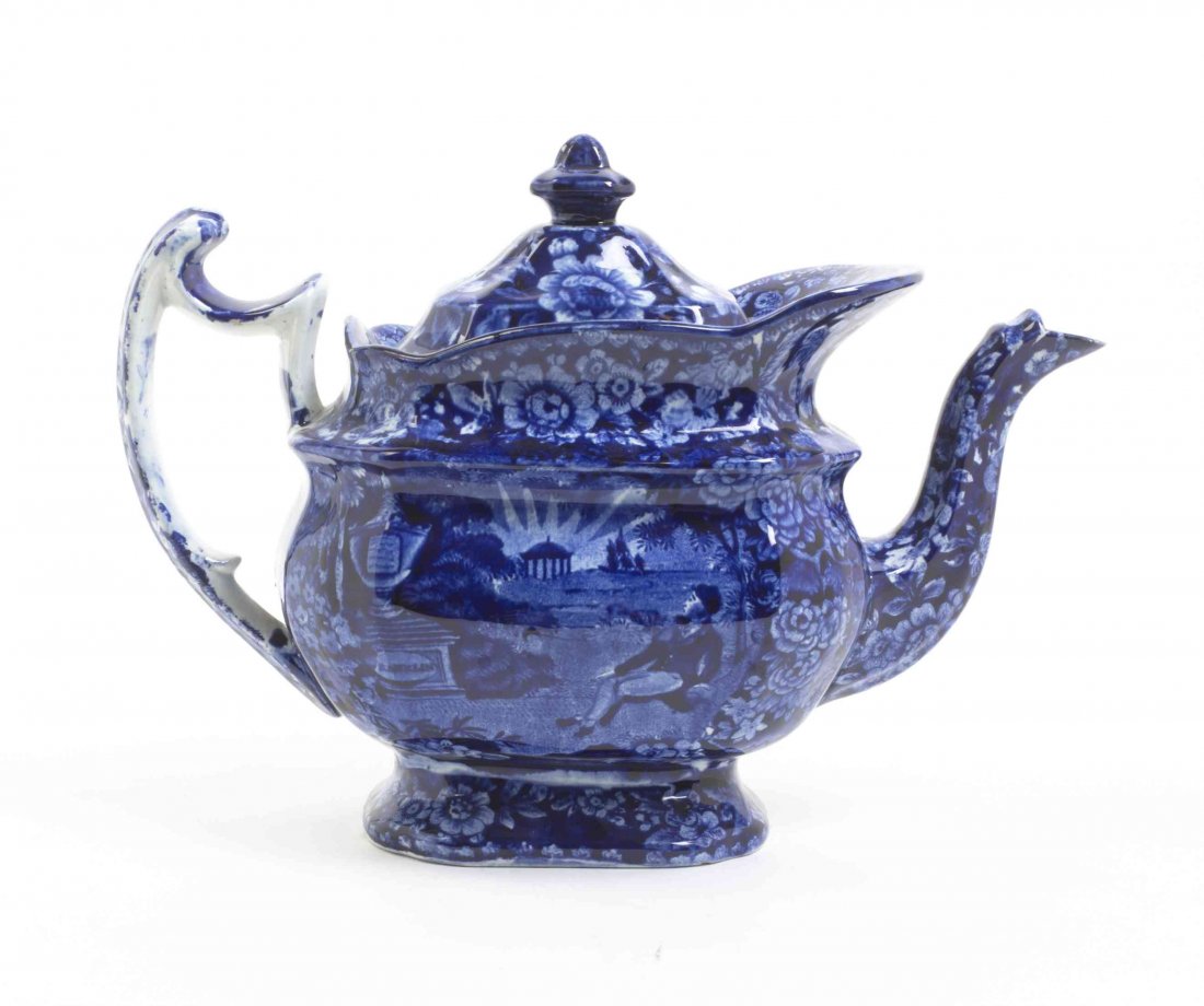 An English Transfer Decorated Teapot, Height 11 1/4: An English Transfer Decorated Teapot, depicting a gentleman seated at Franklin's tomb. Height 11 1/4 inches. Property from the Estate of Norman and Dorothy Holmes, Wilmette, Illinois