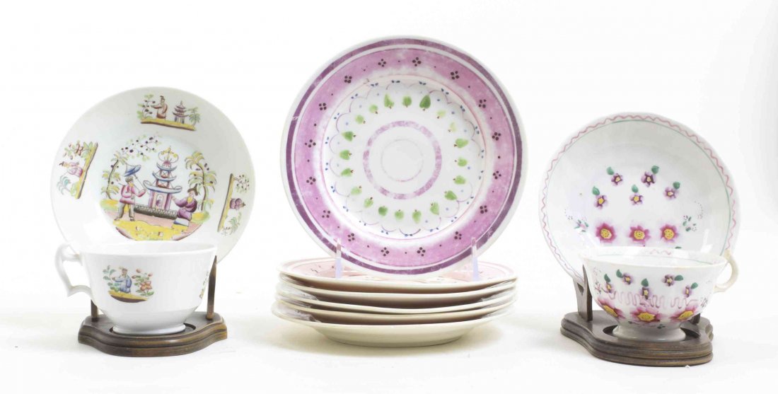 A Set of Six English Lusterware Plates, Diameter of: A Set of Six English Lusterware Plates, together with two teacup and saucer sets. Diameter of plates 6 7/8 inches. Property from the Estate of Norman and Dorothy Holmes, Wilmette, Illinois