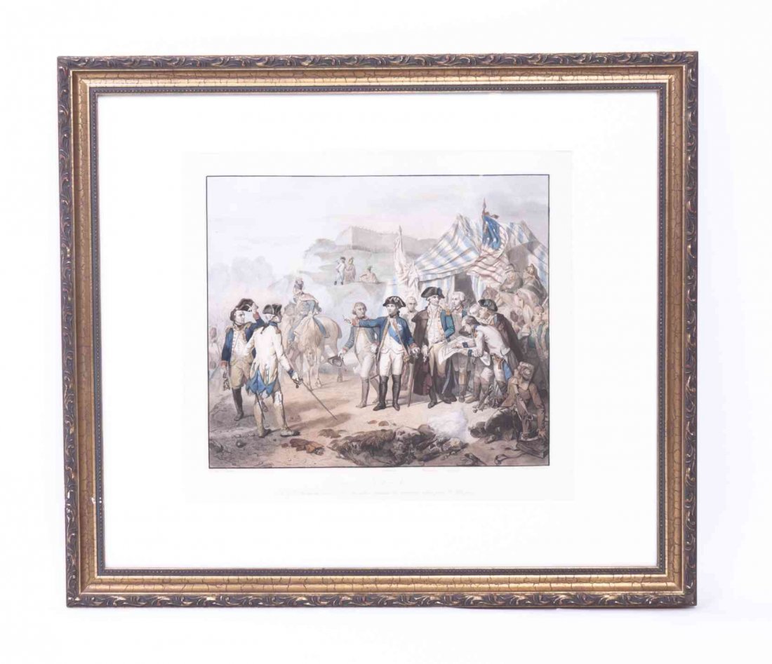 Three Framed Decorative Works on Paper, Height of first: Three Framed Decorative Works on Paper, comprising an engraving depicting George Washington after Gilbert Stuart, a handcolored lithograph depicting the siege of Yorktown and a Currier & Ives lithogra