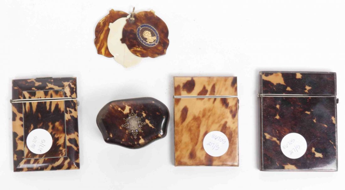 A Collection of Tortoise Shell and Tortoise: A Collection of Tortoise Shell and Tortoise Shell-Mounted Articles, comprising three card cases, a box and a notepad. Height of tallest 4 inches. Property from the Estate of Mary Blain Mead, Grosse Po