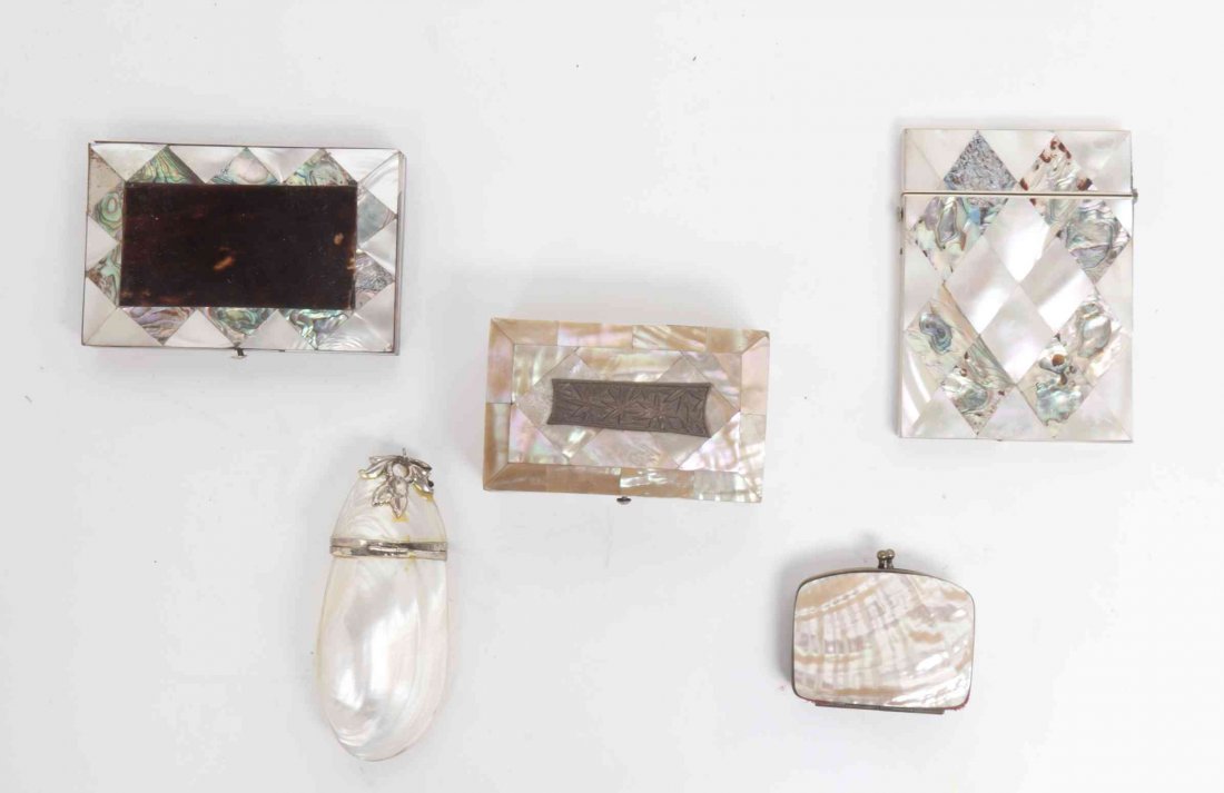 A Collection of Mother-of-Pearl Articles, Width of: A Collection of Mother-of-Pearl Articles, comprising two card cases, a coin purse and two boxes. Width of widest 4 1/8 inches. Property from the Estate of Mary Blain Mead, Grosse Pointe, Michigan