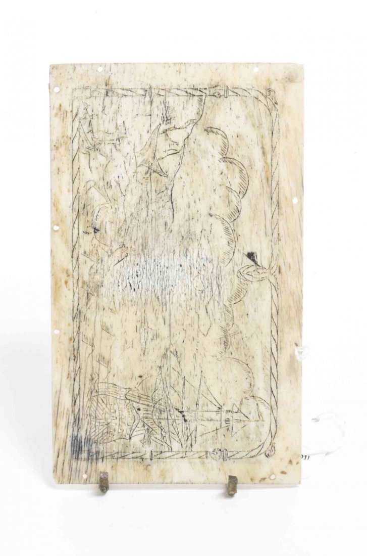 A Scrimshaw Landscape Scene on Whale Bone, Height 4 1/8: A Scrimshaw Landscape Scene on Whale Bone, likely American, depicting a whaling scene, the plaque drilled for mounting. Height 4 1/8 x width 7 inches.