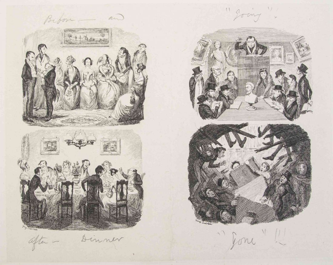 CRUIKSHANK, GEORGE. A collection of the six first: CRUIKSHANK, GEORGE A collection of six first proofs for the Comic Almanack, 1842, on three plates. With pencilled descriptions in Cruikshank's hand to four of the plates. Housed in a folding chemise w