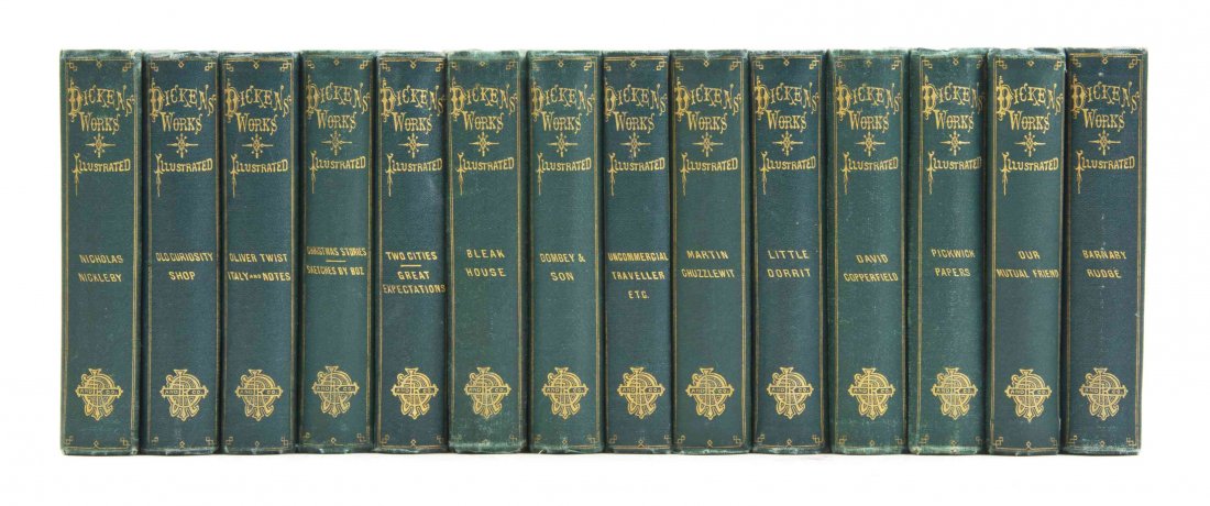 DICKENS, CHARLES. 2 sets of Works. Boston, 1875, 14: DICKENS, CHARLES Two sets of Works. Bound in green cloth, in varying sizes, comprising Works. Boston: James R. Osgood, 1875. 14 vols. 12mo, dark green gilt-decorated cloth. With illustrations by S. Ey
