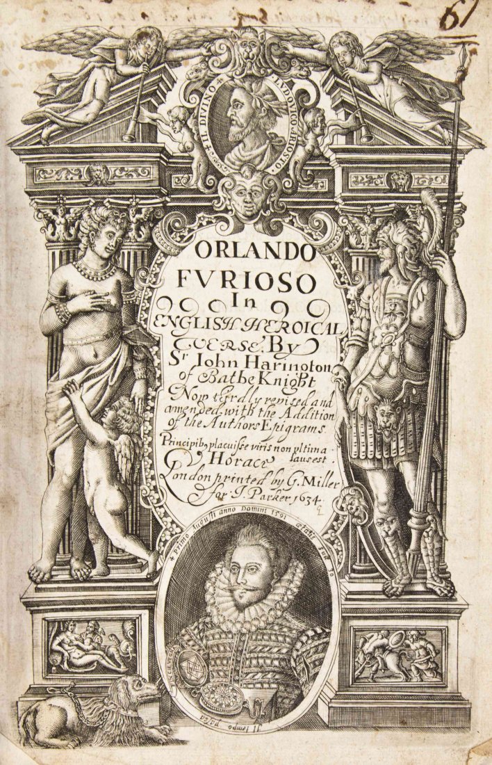 ARIOSTO, (LUDOVICO). Orlando Furioso in English: ARIOSTO, (LUDOVICO) Orlando Furioso in English Heroical Verse. Translated by John Harrington. London: G. Miller for J. Parker, 1634. 2 vols. in one. 4to, full calf, gilt-lettered red leather spine lab