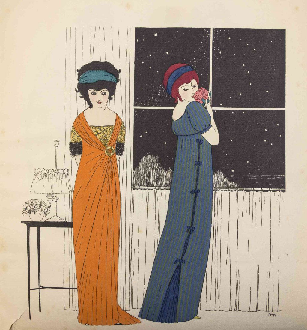 IRIBE, PAUL. 10 pochoir plates from Les Robes de Paul: IRIBE, PAUL 10 pochoir plates from Les Robes de Paul Poiret. Paris: Paul Poiret, 1908. Contents sewn together at spine, with original title and justification page. Limited to 250 copies. Light foxing