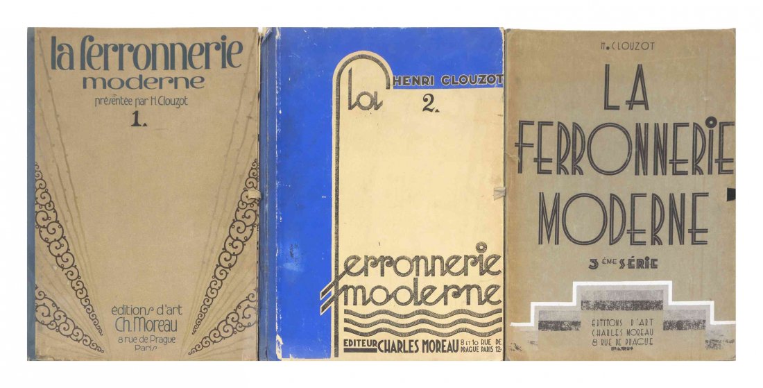 (DESIGN) CLOUZOT, HENRI. La Ferronnerie Moderne. Paris,: (DESIGN) CLOUZOT, HENRI La Ferronnerie Moderne. Paris: Editions d'Art, Charles Moreau, n.d. [c. 1930] 3 vols. comprising I-III series. Portfolio, contents loose as issued in original decorative boards