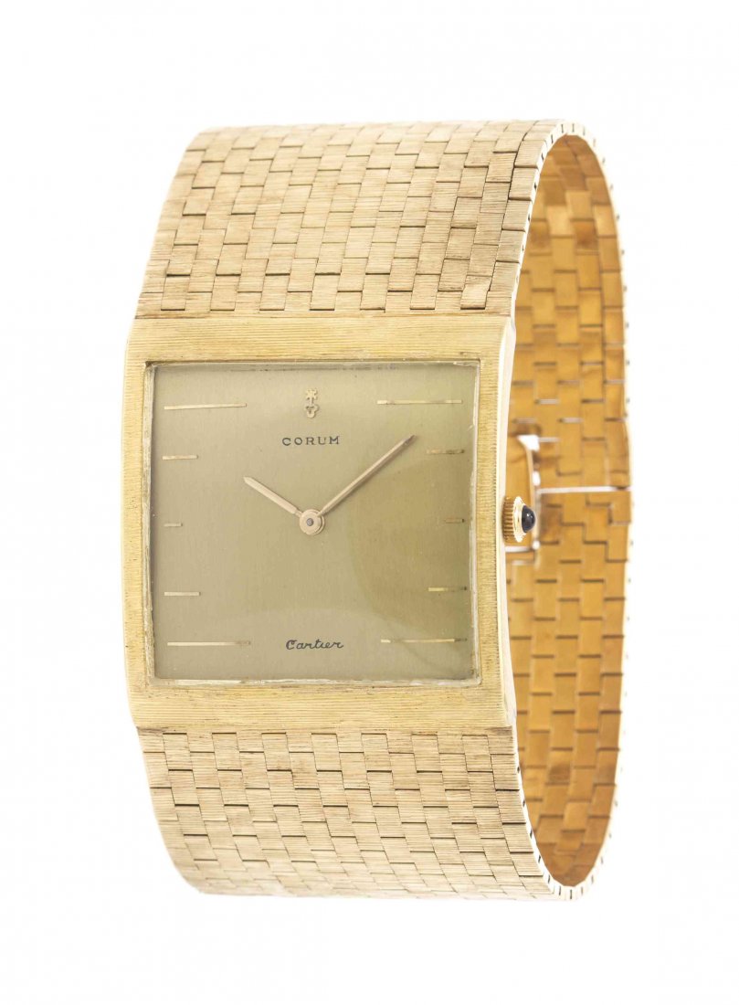 A Yellow Gold Bracelet Wristwatch, 82.45 dwts.: A Yellow Gold Bracelet Wristwatch, consisting of a central textured 18 karat yellow gold watch case and movement by Corum together with a later 14 karat textured brick link bracelet, matte champagne d
